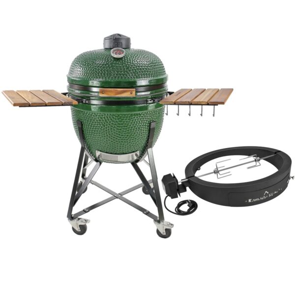 Kamado Sumo Maxi kulgrill, grøn + grillmesterens rotisserie og pizzaovn