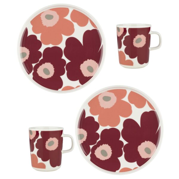 Marimekko Unikko morgenmadssæt, hvid/cherry rose, 4 dele